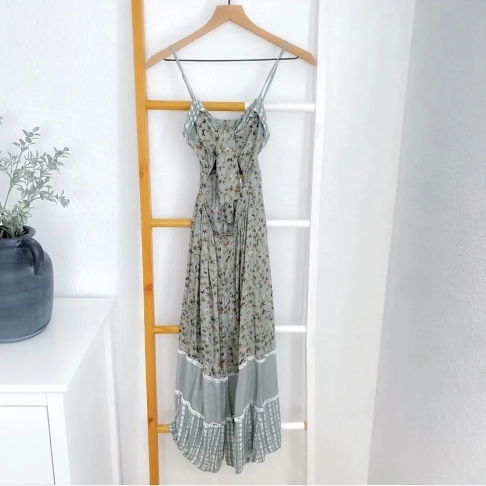 Agua Bendita Karen Midi Long Dress Seagreen Geen Floral Button Front Slit S - Picture 3 of 12